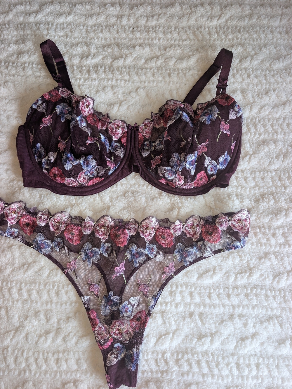 Victoria's Secrets Sheer Floral Embroidered Bra & Thong Set — Deep Plum